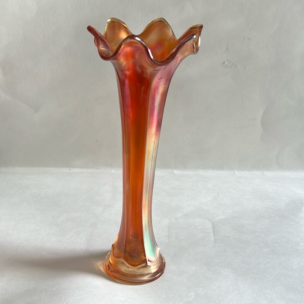 Carnival glass marigold tall vase 9.5” inches iridescent vintage MCM